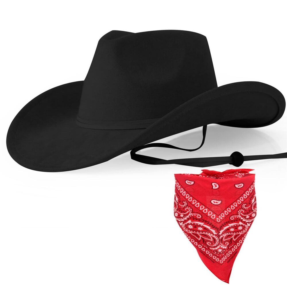 6842 Cowboy Hat with Bandana Set - Adjustable Wide Brim Western Hat &